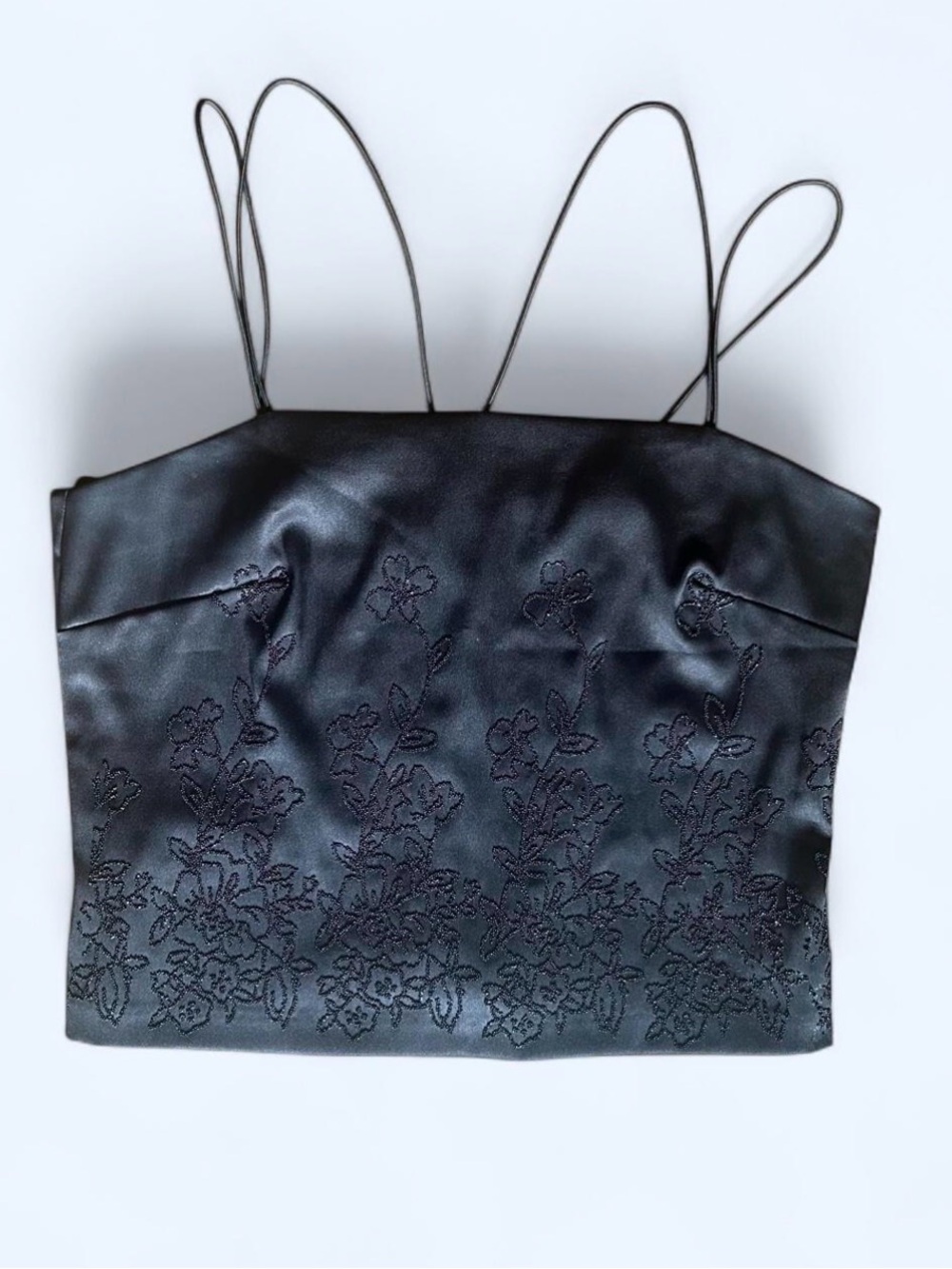 Black Embroidered Satin Spaghetti Strap Crop Top